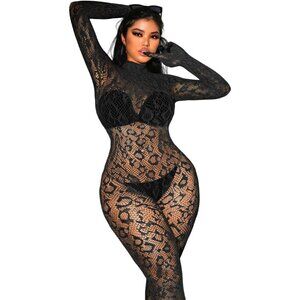 🆕Women Black Sexy Leopard Jumpsuit Fishnet Bodysuit One Piece Full Body Outfit